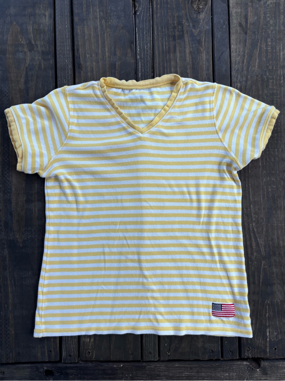 90s Y2K Liz Claiborne Striped V‑Neck Cotton Tee with Flag Patch Size M